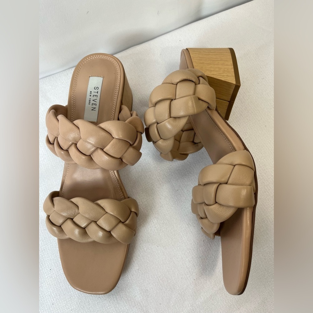 Steven New York Womens  Beige Braided  Block Heel Slip On Sandals 9.5